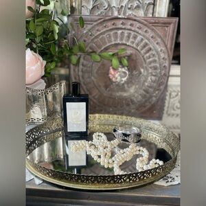 Vintage gold ornate metal frame oval mirror vanity tray